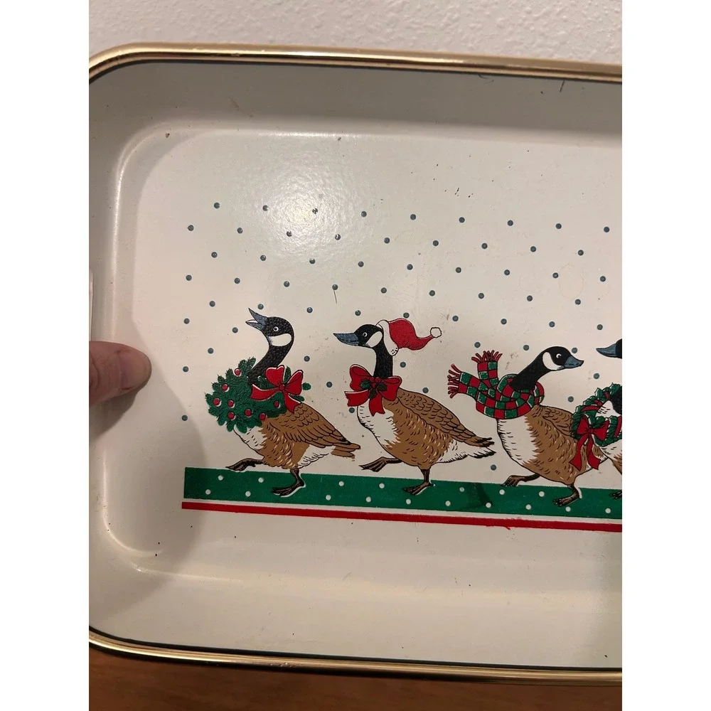 Vintage Christmas Lacquer Serving Tray Canada Geese Holiday Decor Cream Gold Rim